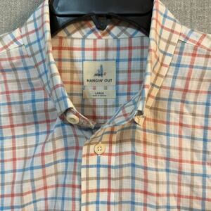 Johnnie-O Hangin' Out Mens Large Button Down Red Blue Brown Plaid